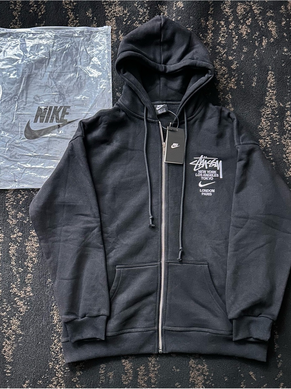 Nike Black Zip-Up Hoodie with White Stussy Logo